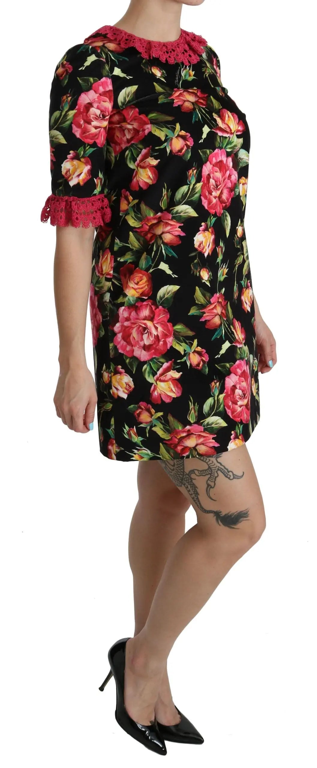 Robe Dolce & Gabbana A-Line noire à fleurs roses Dolce & Gabbana