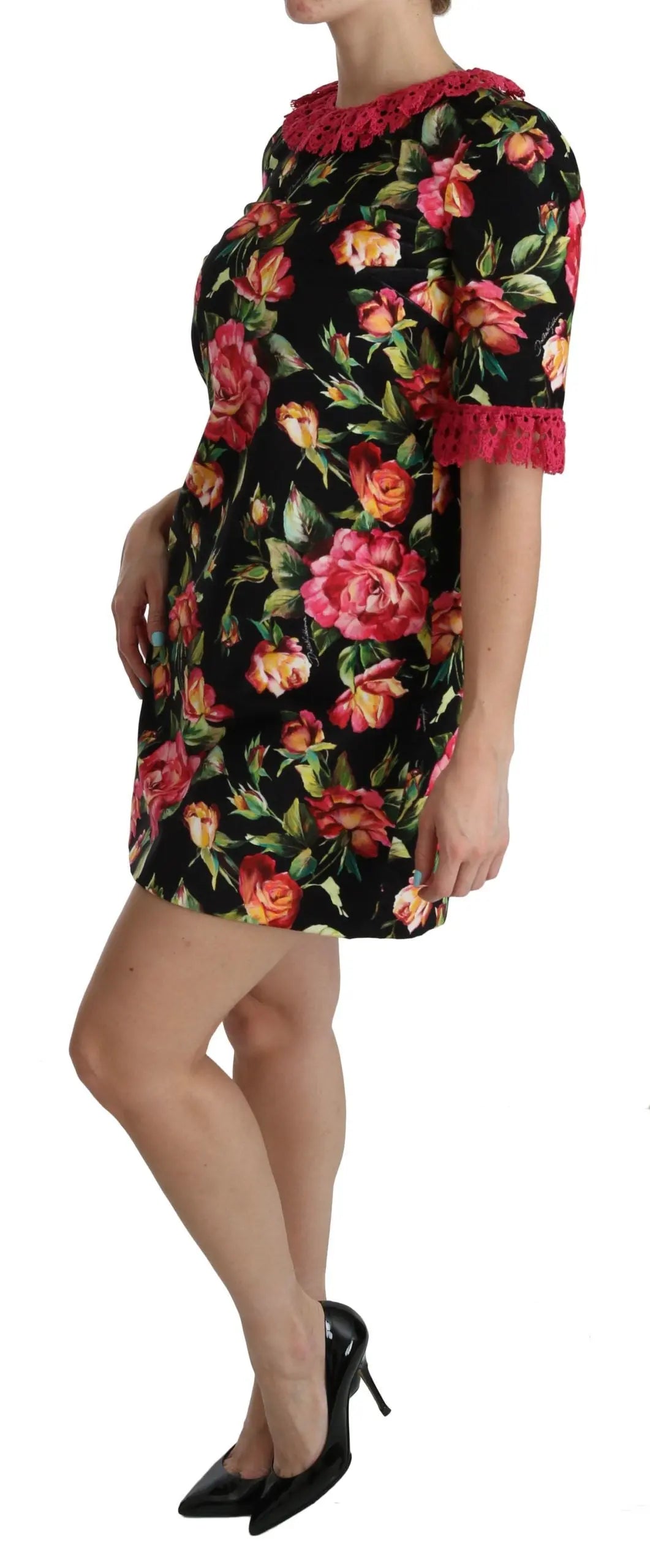 Robe Dolce & Gabbana A-Line noire à fleurs roses Dolce & Gabbana