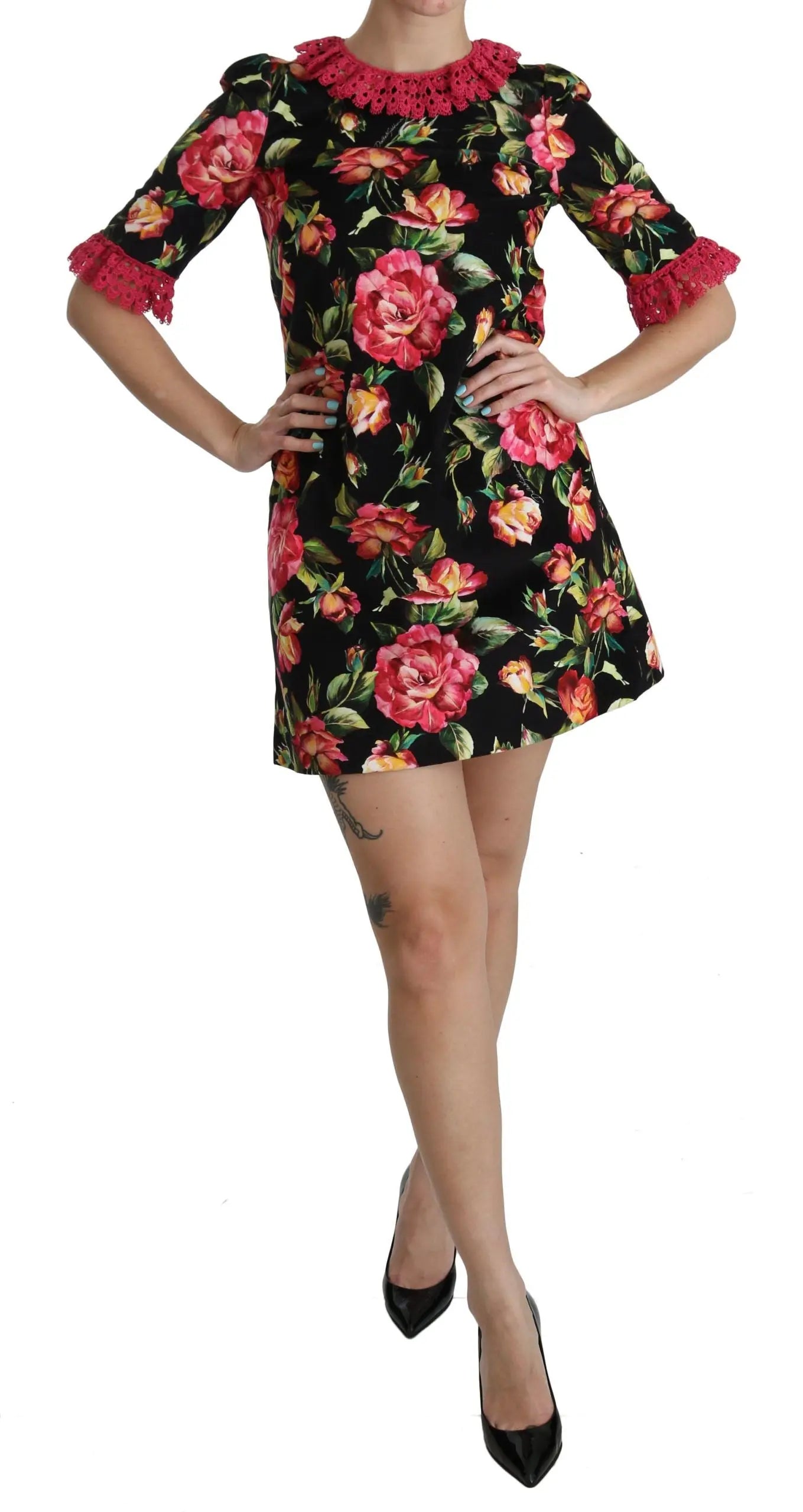 Robe Dolce & Gabbana A-Line noire à fleurs roses Dolce & Gabbana
