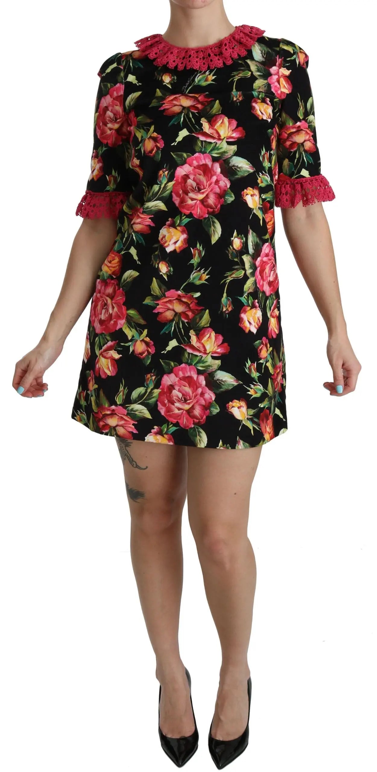 Robe Dolce & Gabbana A-Line noire à fleurs roses Dolce & Gabbana