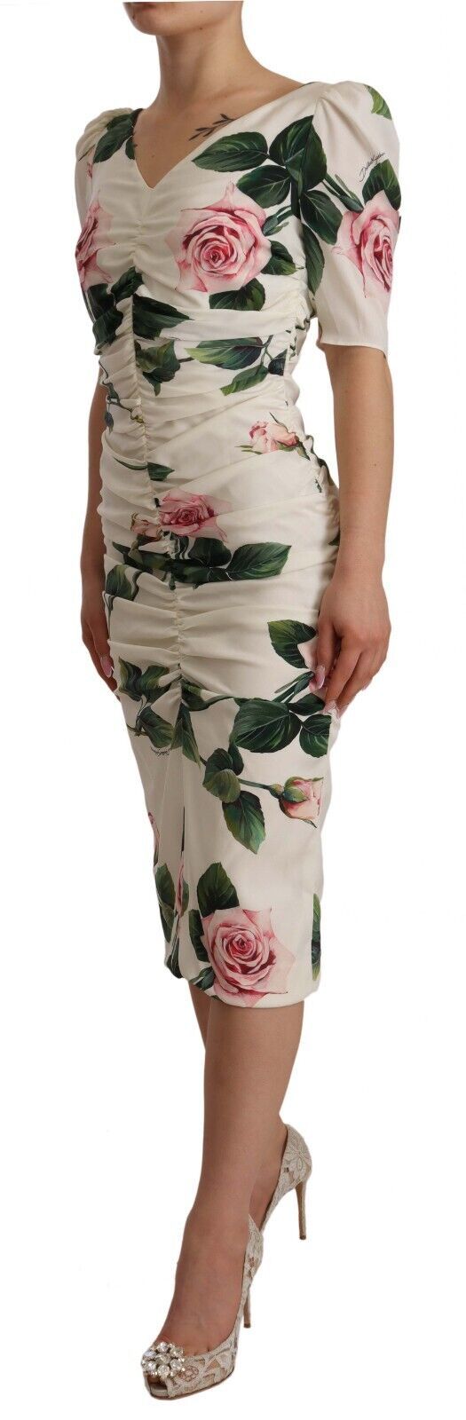 Robe Dolce & Gabbana plissée blanche avec roses pink Dolce & Gabbana