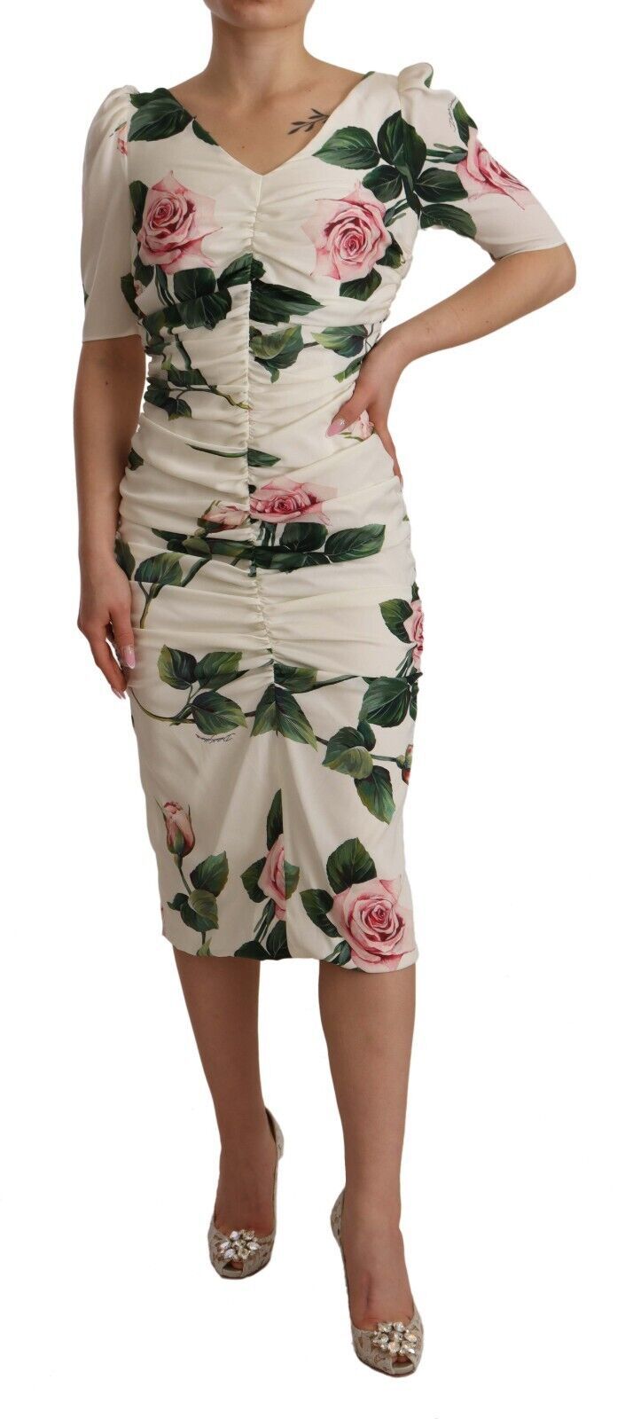 Robe Dolce & Gabbana plissée blanche avec roses pink Dolce & Gabbana