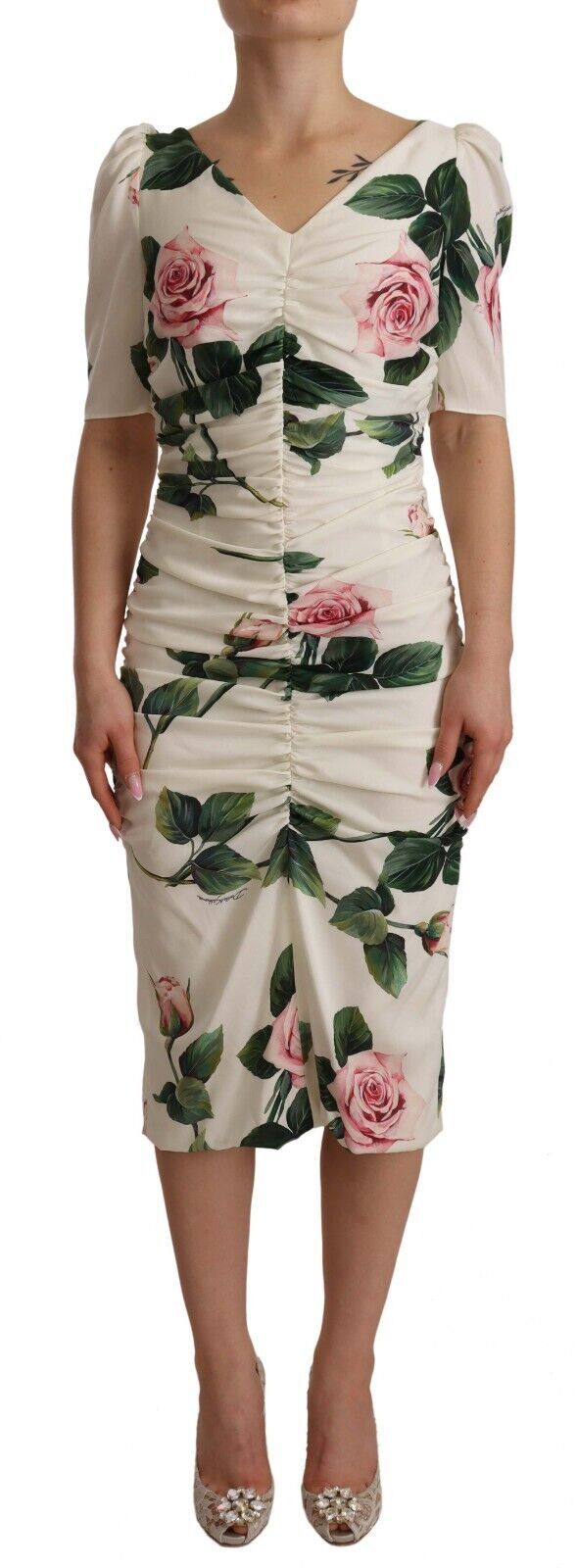 Robe Dolce & Gabbana plissée blanche avec roses pink Dolce & Gabbana