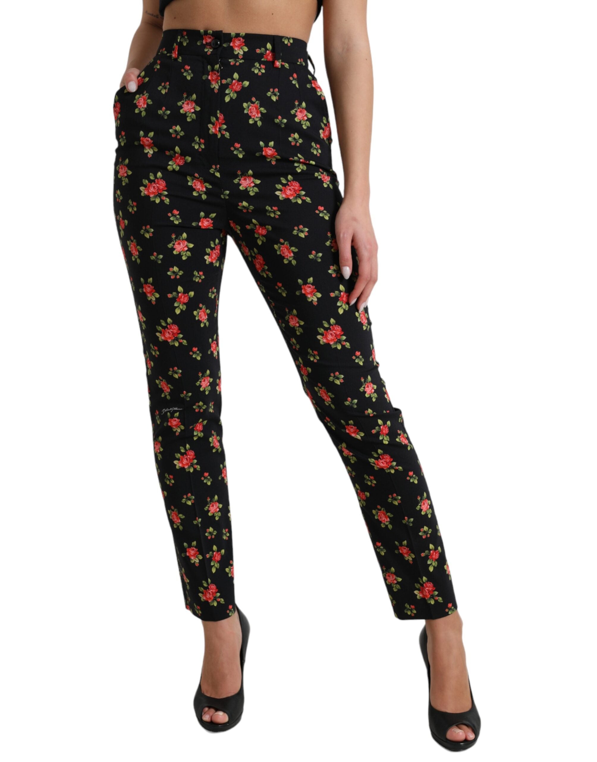 Pantalons Dolce & Gabbana taille haute fleuris noirs