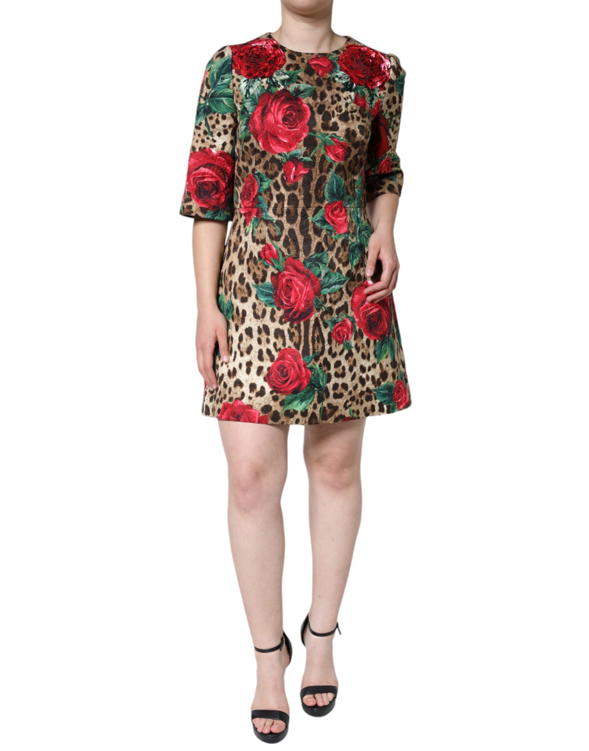 Robe Dolce & Gabbana A-ligne léopard marron avec roses rouges