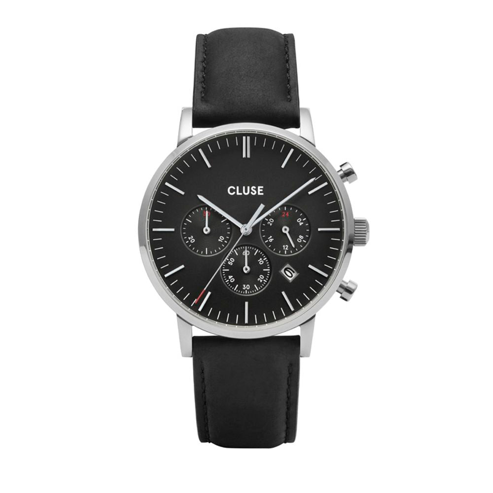 Montre en cuir noire argentée