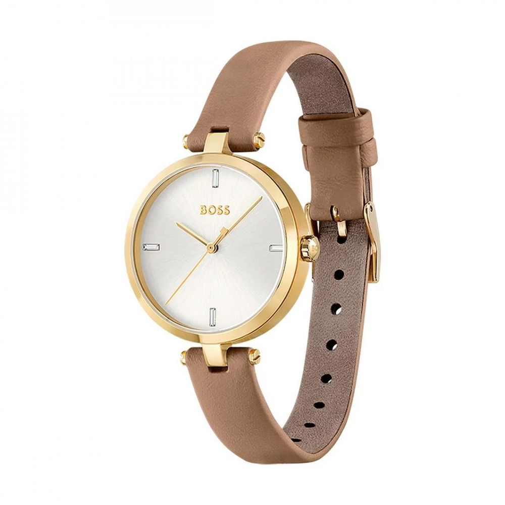 Montre en cuir beige dorée argentée