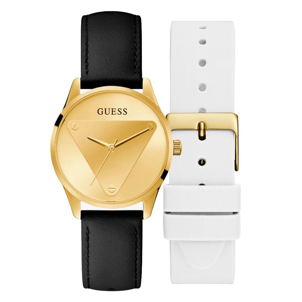 Montre noire en cuir avec bracelet interchangeable dorée