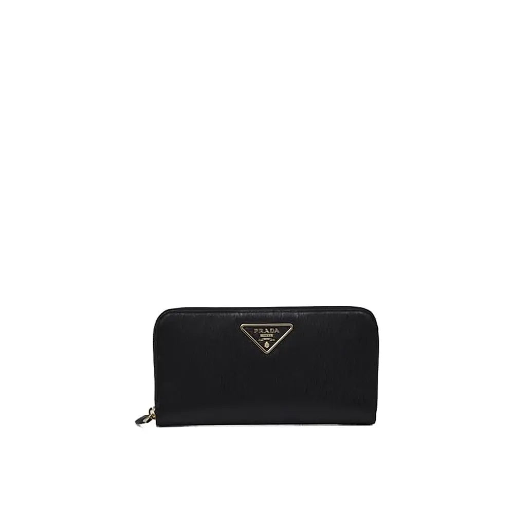 Portefeuille cuir logo triangulaire marron Prada